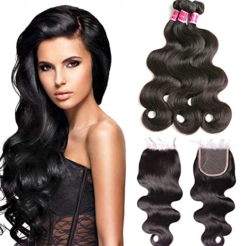 Human Hair Body Wave 3 Bundles with Closure 100% Unprocessed Brazilian Hair Double Weft 10A Weave Extensions Remy Hair with 4x4 Free Part Lace Closure for Black Women Natural Color (8" 8" 8" + 6" Closure)