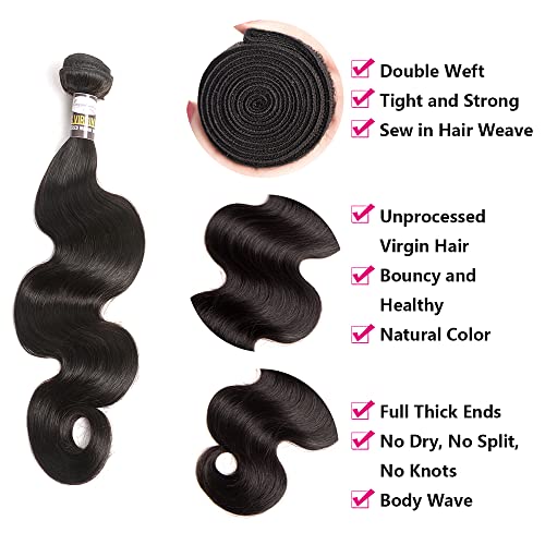 Human Hair Body Wave 3 Bundles with Closure 100% Unprocessed Brazilian Hair Double Weft 10A Weave Extensions Remy Hair with 4x4 Free Part Lace Closure for Black Women Natural Color (8" 8" 8" + 6" Closure) - Image 8