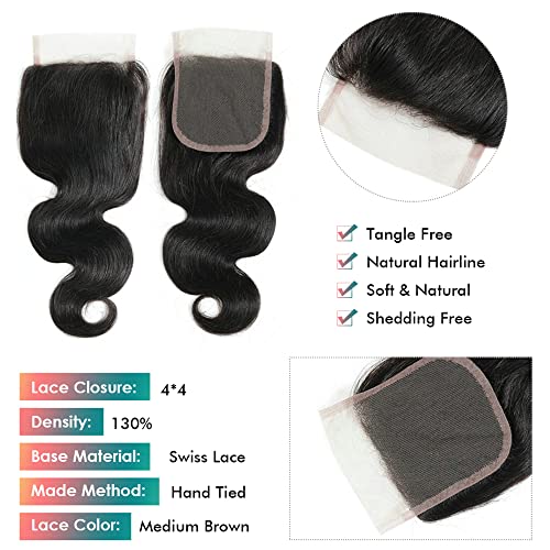 Human Hair Body Wave 3 Bundles with Closure 100% Unprocessed Brazilian Hair Double Weft 10A Weave Extensions Remy Hair with 4x4 Free Part Lace Closure for Black Women Natural Color (8" 8" 8" + 6" Closure) - Image 3