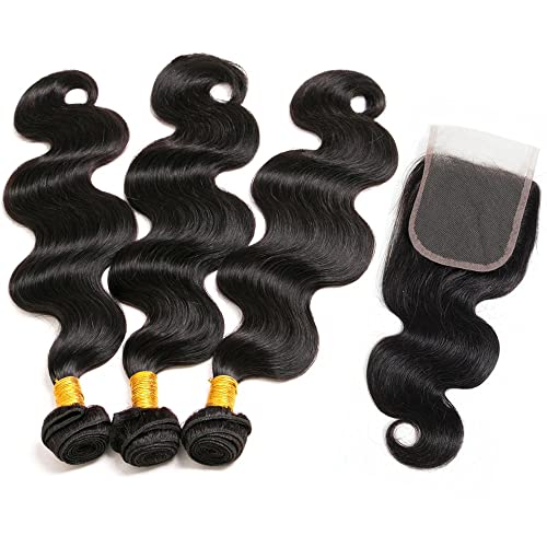 Human Hair Body Wave 3 Bundles with Closure 100% Unprocessed Brazilian Hair Double Weft 10A Weave Extensions Remy Hair with 4x4 Free Part Lace Closure for Black Women Natural Color (8" 8" 8" + 6" Closure) - Image 2