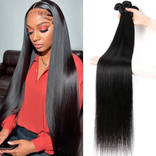 Human Hair Bundles Straight 3 Bundles 22 24 26 Inch 10A Straight Human Hair Bundles 100% Unprocessed Virgin Hair Weave Bundles Human Hair Extensions Natural Black Color
