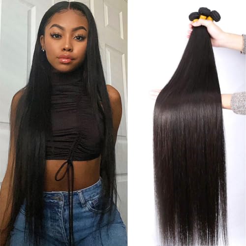 Human Hair Bundles Straight Bundles Human Hair 4 Bundles 14 16 18 20 Inch 100% Unprocessed Brazilian Virgin Hair Straight Bundles Double Weft Weave Human Hair Bundles Human Hair Deals Natural Black