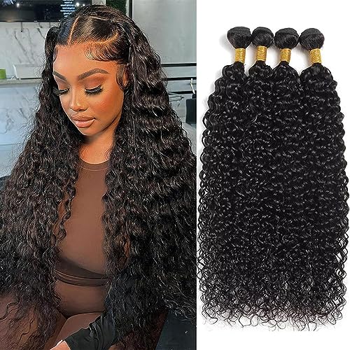 Human Hair Bundles Water Wave 4 Bundles 24 26 28 30 Inch 10A Brazilian Deep Curly Bundles 100% Unprocessed Virgin Wet and Wavy Bundles Human Hair for Women Natural Black Color Weave Hair Extension