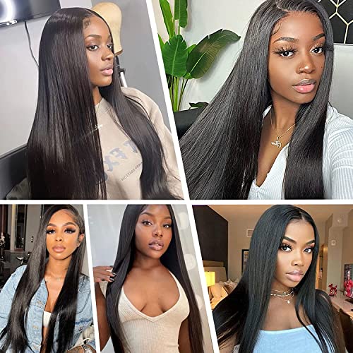 Human Hair Bundles with Frontal (20 22 24 +18) Straight Bundles with 13x4 Lace Frontal Brazilian Human Hair Weave Bundles with Frontal Free Part Virgin Hair Weft 150% Density Natural Color - Image 8