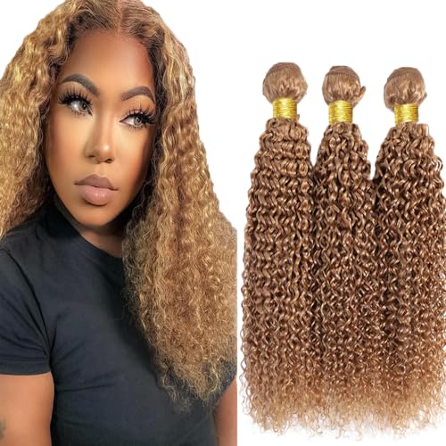 Human Hair Color 27 Curly Hair Bundles Human Hair 24 26 28 Inch Unprocessed Brazilian Virgin Hair 8A Grade Honey Blonde Kinky Curly Human Hair Bundles Double Weft Weave Extensions Hair