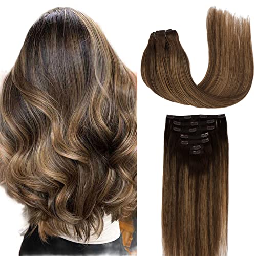 Balayage Chocolate Brown to Caramel Blonde 22 Inch Straight Remy Human Hair Extensions 120g 7 Piece Clip-in