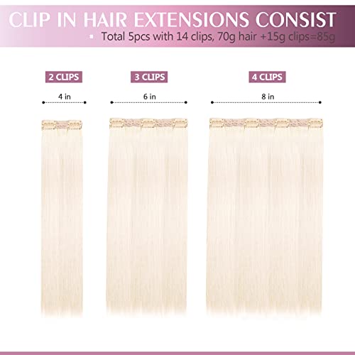 Human Hair Extensions Clip for Women, Clip in Real Human Hair Extensions Straight with Double Weft, 5 pcs with 14 clips,85 Gram (#60 Ash Platinum Blonde, 12 Inch) - Image 4