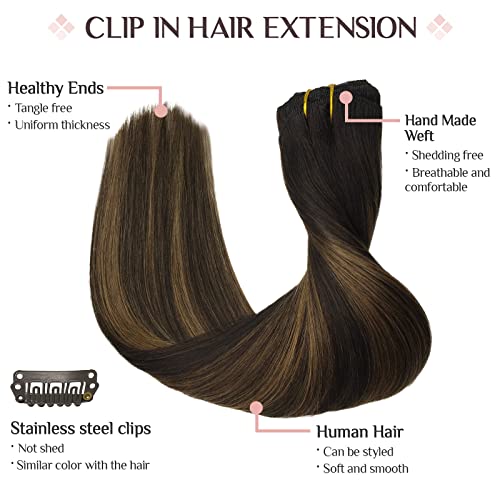 Balayage Dark Brown Chestnut Brown 20 Inch 120g 7pc Real Human Hair Clip In Extensions Natural Straight Long - Image 3