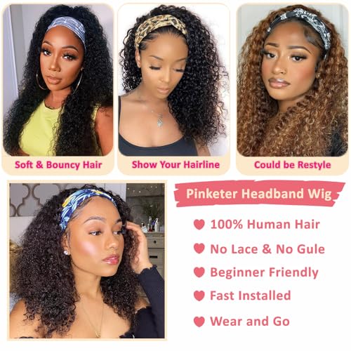 Human Hair Headband Wig None Lace Front Wigs for Black Women Kinky Curly Headband Wig 150% Density Human Hair Wigs Machine Made Wig Natural Color (Headband Wig, 16inch) - Image 3