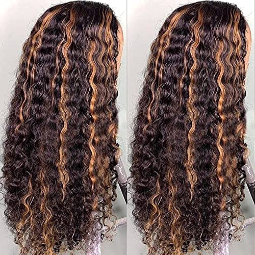 Human Hair Highlights Lace Front Wig for Black Women,13x6 T-Part Lace Wig Deep Wavy 24 Inch Ombre Colored Brown Highlights Curly Human Hair Wig Pre Plucked with Baby Hair Bleached Knots 150% Density - Image 4
