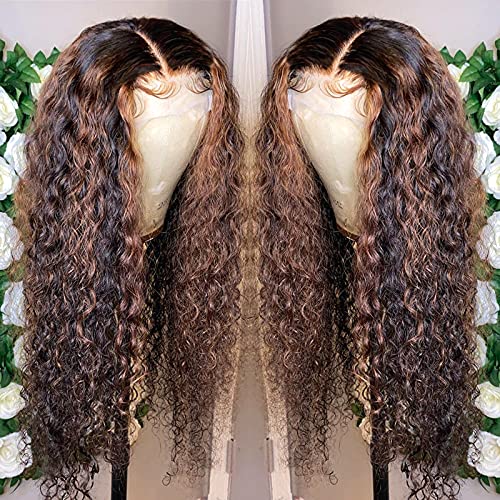 Human Hair Highlights Lace Front Wig for Black Women,13x6 T-Part Lace Wig Deep Wavy 24 Inch Ombre Colored Brown Highlights Curly Human Hair Wig Pre Plucked with Baby Hair Bleached Knots 150% Density - Image 3