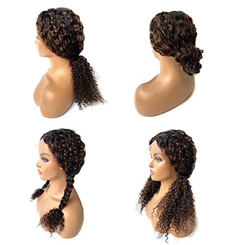 Human Hair Highlights Lace Front Wig for Black Women,13x6 T-Part Lace Wig Deep Wavy 24 Inch Ombre Colored Brown Highlights Curly Human Hair Wig Pre Plucked with Baby Hair Bleached Knots 150% Density - Image 5