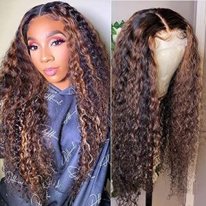 Human Hair Highlights Lace Front Wig for Black Women,13x6 T-Part Lace Wig Deep Wavy 24 Inch Ombre Colored Brown Highlights Curly Human Hair Wig Pre Plucked with Baby Hair Bleached Knots 150% Density