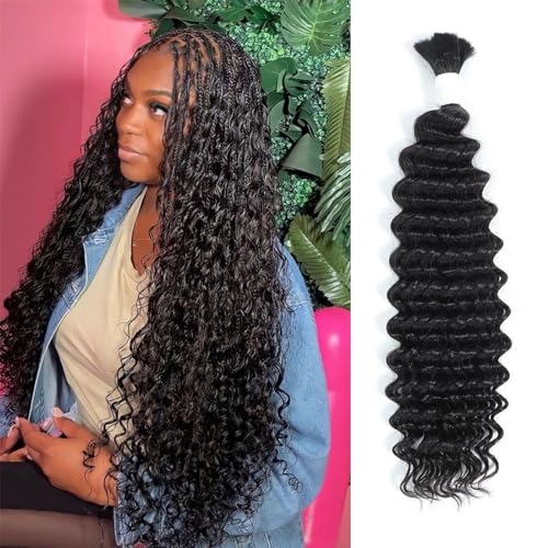 Human Hair Human Braiding Hair for Boho Braids Deep Wave Bulk Human Hair for Braiding No Weft 100% Unprocessed Virgin Human Hair Extensions Wet and Wave Natural Color (20inch 1 pack/100g)