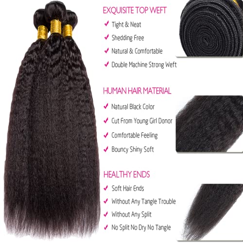 Human Hair Kinky Straight Bundles Natural Color 14 16 18 Inch Unprocessed Brazilian Virgin Hair 8A Grade Kinky Straight Human Hair Bundle Weave Extensions Hair Soft And Healthy for Women - Image 3