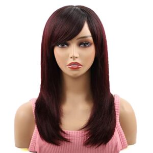 Missmizz Burgundy Long Layered Straight Human Hair Wig for Women Natural Hairline