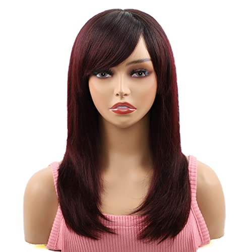 Missmizz Burgundy Long Layered Straight Human Hair Wig for Women Natural Hairline