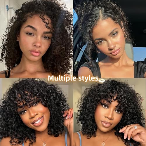 Human Wigs Short Water Wave Wigs with Bangs for Black Women 100% Brazilian Virgin Human Hair Machine Made Glueless Jerry Curl Wigs Pixie Cut afro Curly Natural Black 12inch - Image 4