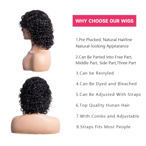 Human Wigs Short Water Wave Wigs with Bangs for Black Women 100% Brazilian Virgin Human Hair Machine Made Glueless Jerry Curl Wigs Pixie Cut afro Curly Natural Black 12inch - Image 5