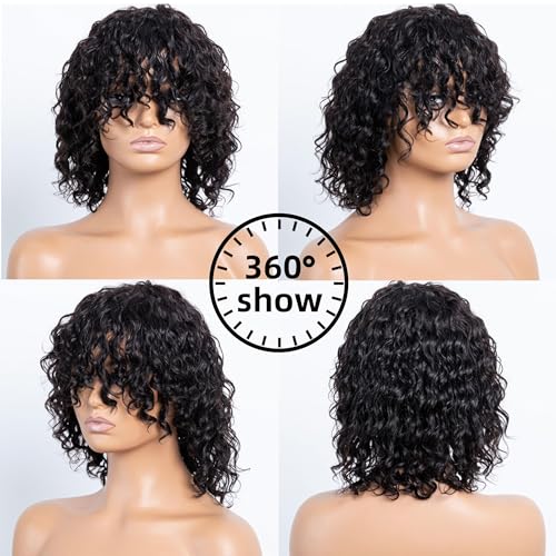 Human Wigs Short Water Wave Wigs with Bangs for Black Women 100% Brazilian Virgin Human Hair Machine Made Glueless Jerry Curl Wigs Pixie Cut afro Curly Natural Black 12inch - Image 2