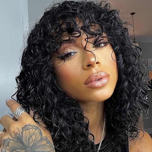 Human Wigs Short Water Wave Wigs with Bangs for Black Women 100% Brazilian Virgin Human Hair Machine Made Glueless Jerry Curl Wigs Pixie Cut afro Curly Natural Black 12inch