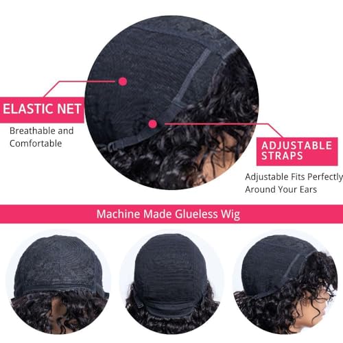 Human Wigs Short Water Wave Wigs with Bangs for Black Women 100% Brazilian Virgin Human Hair Machine Made Glueless Jerry Curl Wigs Pixie Cut afro Curly Natural Black 12inch - Image 3