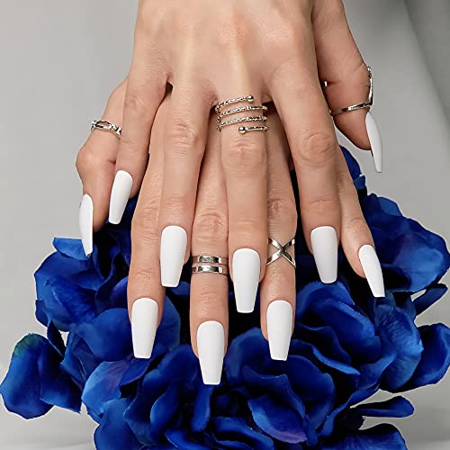 Hypnaughty 24 Pcs Santorini White Matte Luxury Coffin Press on Nails with Glue Medium Long Reusable & Customizable False Nails (Santorini) - Image 3
