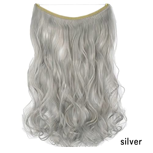 iLUU 18inch 80g Silver Womens Hair Extensions Long Curly Wavy Synthetic Haipieces Hidden Fish Line Invisible String Transparent Wire Hair Extensions for Party Daily Use - Image 6