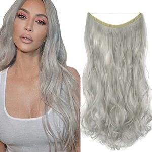 iLUU 18inch 80g Silver Womens Hair Extensions Long Curly Wavy Synthetic Haipieces Hidden Fish Line Invisible String Transparent Wire Hair Extensions for Party Daily Use