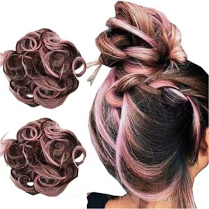 ILUU 2-Piece Curly Updo Synthetic Hair Extensions Brown Light Pink Women