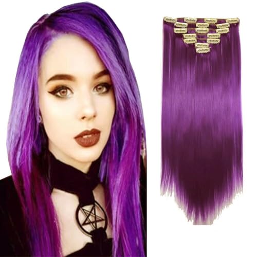 iLUU Hot Purple Color Clip in Hair Extensions 22" 7pcs Full Head Thick Straight Synthetic Hairpieces 100g 16 Clips ins Hair Extension Women Wig for Women Party Cosplay Daily Use