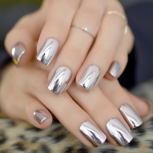 iMABC Press on Nails Metallic Mirror Sliver Fake Nail |UV Medium-short Square False Nails | Glue Acrylic Decoration Manicure Gift for Girls Women Wear 24Pcs - Image 3