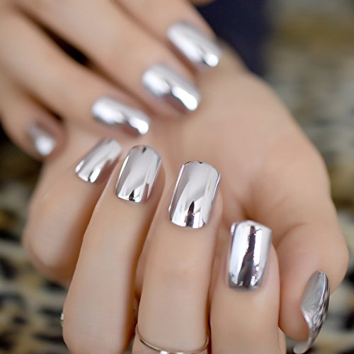 iMABC Press on Nails Metallic Mirror Sliver Fake Nail |UV Medium-short Square False Nails | Glue Acrylic Decoration Manicure Gift for Girls Women Wear 24Pcs - Image 6