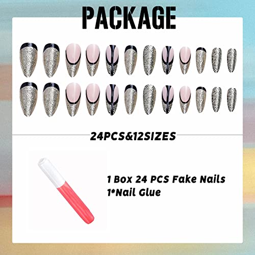 IMSOHOT Almond Press on Nails Medium Glitter French Tips Fake Nails Black Glue on Nails Shiny Gel Full Cover Acrylic False Nails Glossy Stiletto Nails 24Pcs - Image 5