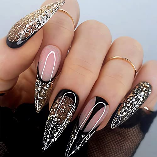 IMSOHOT Almond Press on Nails Medium Glitter French Tips Fake Nails Black Glue on Nails Shiny Gel Full Cover Acrylic False Nails Glossy Stiletto Nails 24Pcs