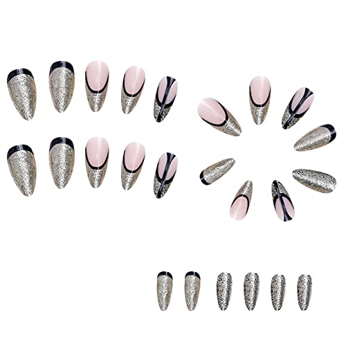 IMSOHOT Almond Press on Nails Medium Glitter French Tips Fake Nails Black Glue on Nails Shiny Gel Full Cover Acrylic False Nails Glossy Stiletto Nails 24Pcs - Image 2