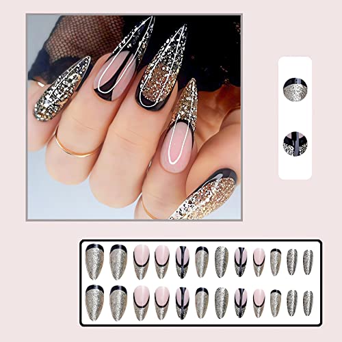 IMSOHOT Almond Press on Nails Medium Glitter French Tips Fake Nails Black Glue on Nails Shiny Gel Full Cover Acrylic False Nails Glossy Stiletto Nails 24Pcs - Image 4