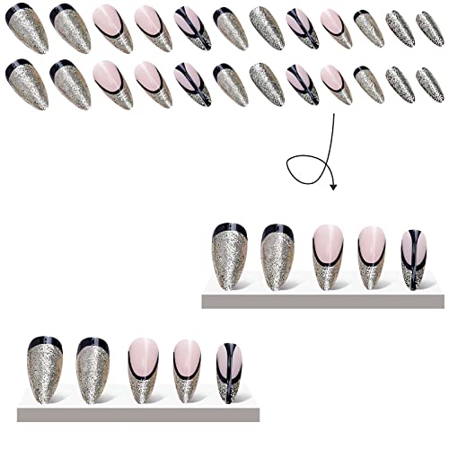IMSOHOT Almond Press on Nails Medium Glitter French Tips Fake Nails Black Glue on Nails Shiny Gel Full Cover Acrylic False Nails Glossy Stiletto Nails 24Pcs - Image 3