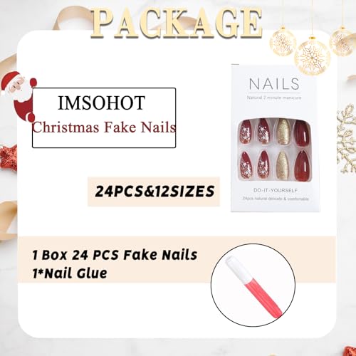 IMSOHOT Christmas Press on Nails Medium Almond Shape Fake Nails Dark Red Acrylic False Nails Glitter Gel Reusable Glossy Glue on Nails for Women and Girls 24Pcs - Image 5