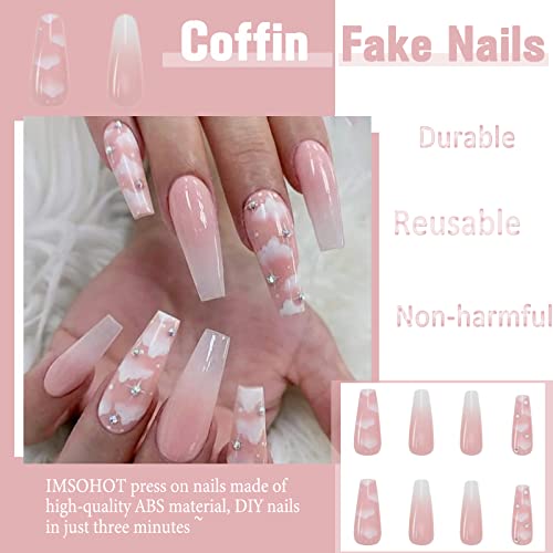 IMSOHOT Coffin Pink Press on Nails Long Gradient Clouds Fake Nails with Designs Glossy Ballerina False Nails Glue on Nails Acrylic Nails for Women and Girls - Image 2