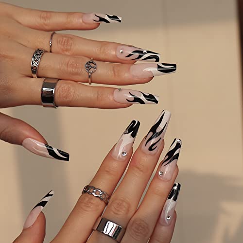 IMSOHOT Coffin Press on Nails Long Press on Nails White French Tips Black Flame False Nails with Designs Rhinestone Full Cover Glossy Ballerina Acrylic Nails for Women 24Pcs - Image 4