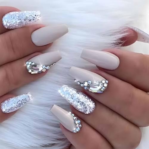 IMSOHOT Coffin Press on Nails White Long Fake Nails Silver Glitter Shiny Rhinestone Designs Full Cover Glossy Glue on Nails Ballerina Luxury Acrylic False Nails for Women 24Pcs
