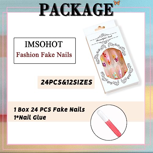 IMSOHOT Long Almond Press on Nails Colorful Flower Fake Nails with Designs Stiletto Glossy Acrylic False Nails Full Cover Glue on Nails for Women 24pcs - Image 4