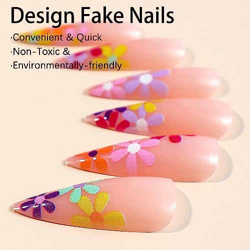 IMSOHOT Long Almond Press on Nails Colorful Flower Fake Nails with Designs Stiletto Glossy Acrylic False Nails Full Cover Glue on Nails for Women 24pcs - Image 3