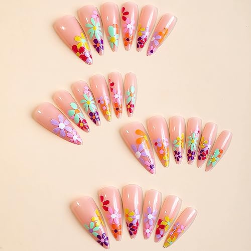 IMSOHOT Long Almond Press on Nails Colorful Flower Fake Nails with Designs Stiletto Glossy Acrylic False Nails Full Cover Glue on Nails for Women 24pcs - Image 2