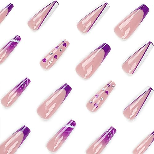 IMSOHOT Long Press on Nails Coffin Purple French Tips Fake Nails Rhinestone Full Cover Acrylic False Nails with Cute Heart Designs Glossy Glue on Nails Ballerina Artificial Nails for Women 24Pcs - Image 3