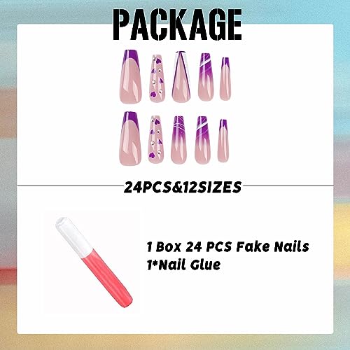 IMSOHOT Long Press on Nails Coffin Purple French Tips Fake Nails Rhinestone Full Cover Acrylic False Nails with Cute Heart Designs Glossy Glue on Nails Ballerina Artificial Nails for Women 24Pcs - Image 5