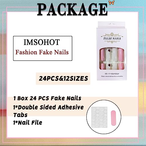 IMSOHOT Long Press on Nails Square Fake Nails Solid Color Glossy Artificial False Nails Full Cover with Pink Heart Rhinestone Designs Cute Acrylic Glue on Nails for Women Girls 24pcs - Image 4
