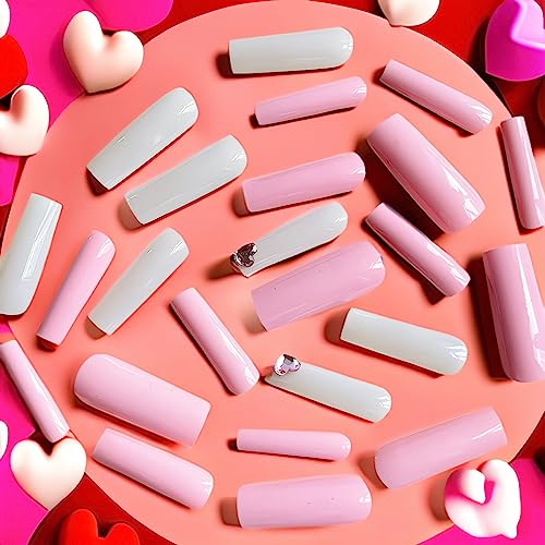 IMSOHOT Long Press on Nails Square Fake Nails Solid Color Glossy Artificial False Nails Full Cover with Pink Heart Rhinestone Designs Cute Acrylic Glue on Nails for Women Girls 24pcs - Image 3