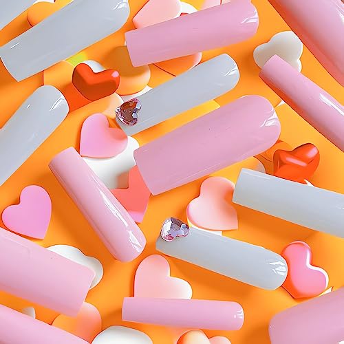 IMSOHOT Long Press on Nails Square Fake Nails Solid Color Glossy Artificial False Nails Full Cover with Pink Heart Rhinestone Designs Cute Acrylic Glue on Nails for Women Girls 24pcs - Image 2